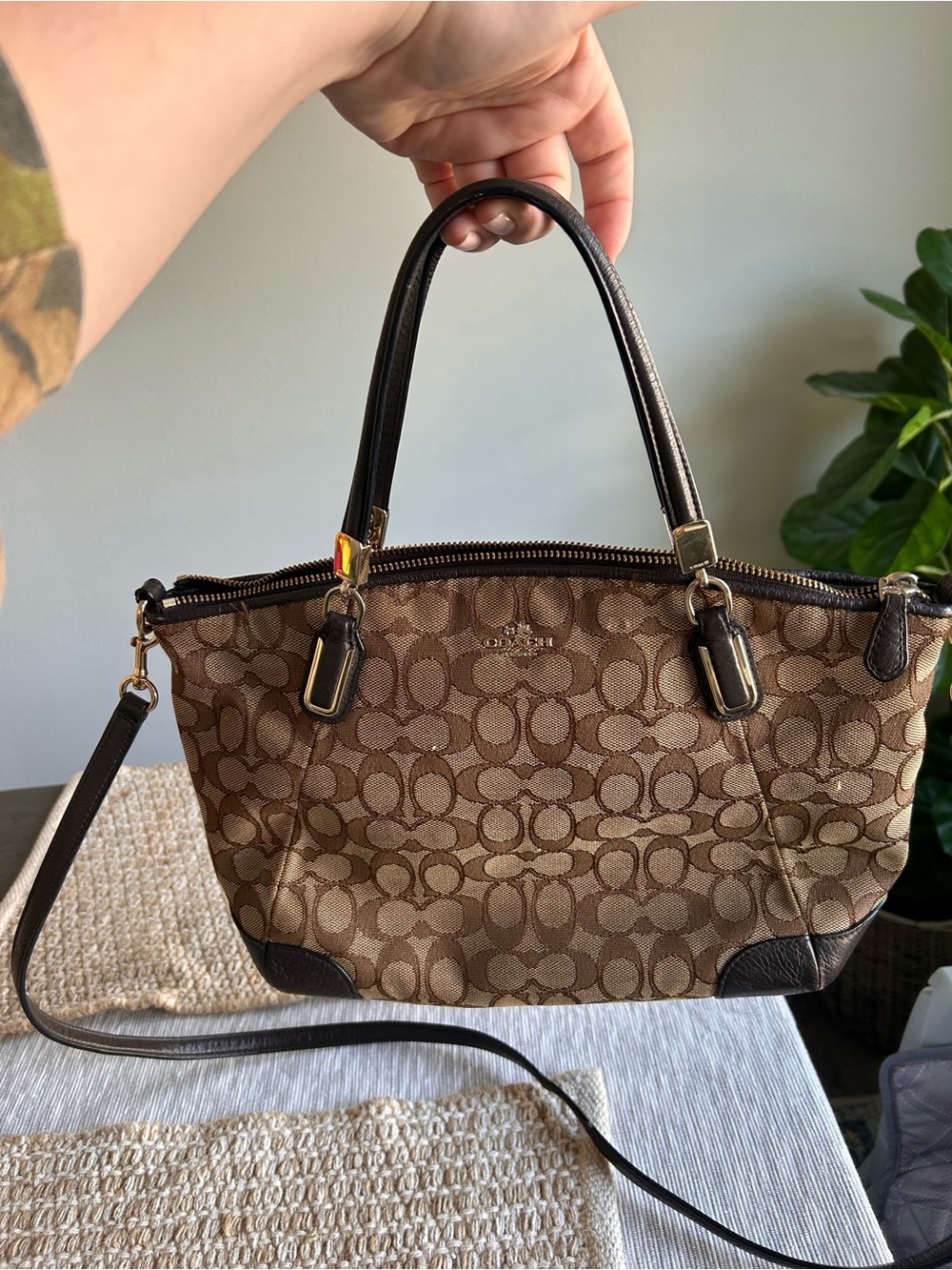 Coach Brown Signature Canvas Shoulder Bag with Dark Brown Trim